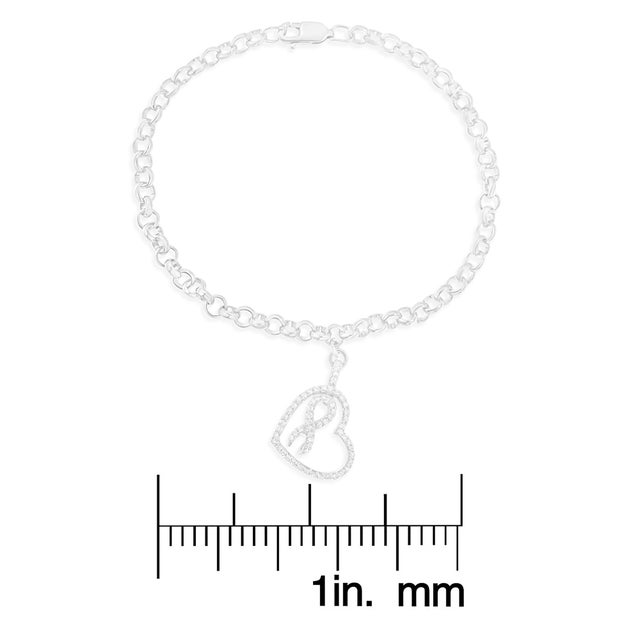 .925 Sterling Silver 1/4 Cttw Diamond-Accented Heart and Ribbon Charm 7" Link Chain Bracelet (H-I Color, I1-I2 Clarity) For Sale In New York - Image 6 of 6