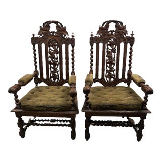 Late 19th Century Pair of Louis XIII Barley Twist Oak Arm Chairs For Sale