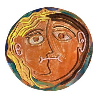 Vintage Studio Pottery Abstract Face Ceramic Plate Picasso Style Wall Art Platter For Sale