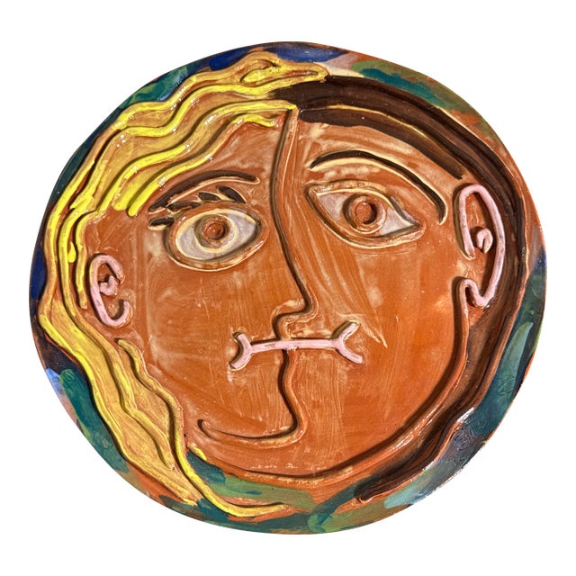 Vintage Studio Pottery Abstract Face Ceramic Plate Picasso Style Wall Art Platter For Sale