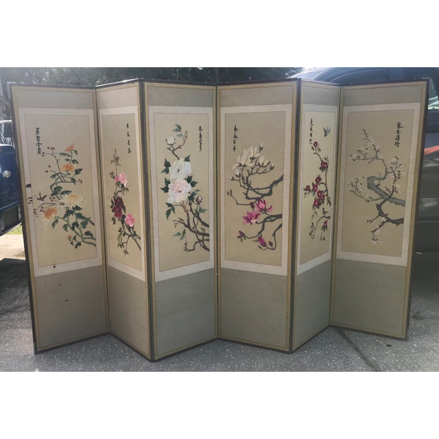 Vintage Asian 6Panel Embroidered Silk Folding Screen Room Divider