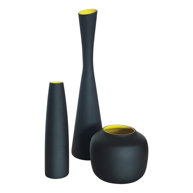 Vintage Black and Yellow Murano Glass Vases, 1950s, Set of 3 For Sale