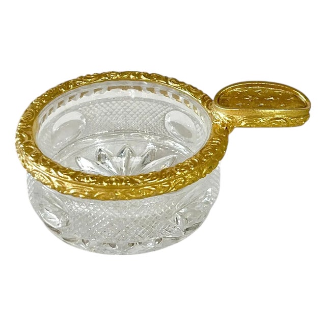 Vintage French Cut Glass and Brass Fleur De Lis Personal Size Ashtray Dish For Sale