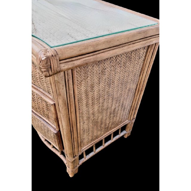 Wood Vintage Natural Wicker Henry Link Style Glass Top 3 Drawer Night Stands- A Pair For Sale - Image 7 of 10