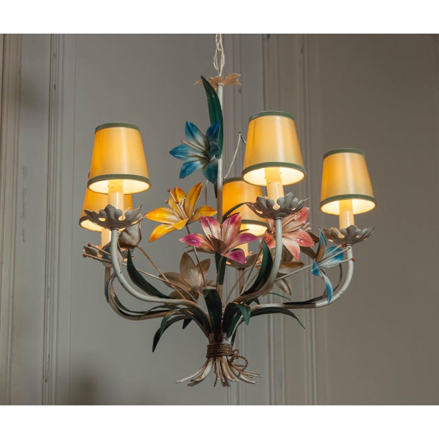 Polychrome Chandelier with Metal Painted Flowers, Italy, 1950s For Sale - Image 3 of 8