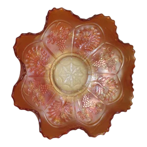 Vintage Fenton Marigold Carnival Glass Peacock Grape Ruffled Bowl