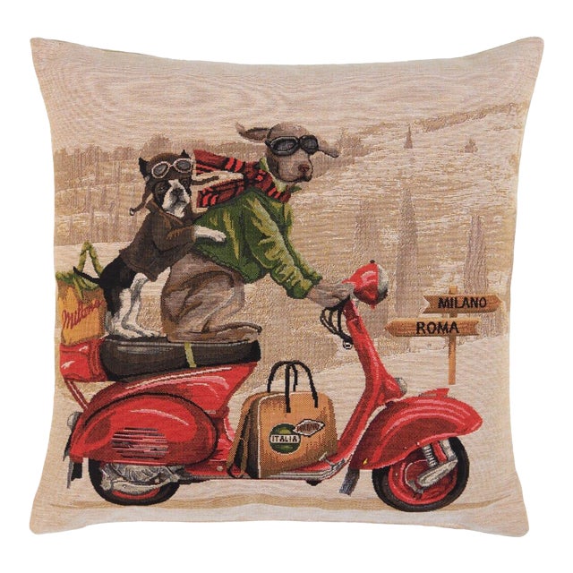 Red Scooter Dogs Tapestry Cushion With Feather Filler - 46x46cm (18"x18") For Sale