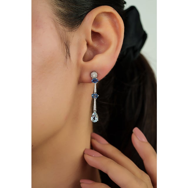 Not Yet Made - Made To Order Modern 1.02ct Sapphire Aquamarine Diamond Linear Drop Earrings in 14k Gold- A Pair For Sale - Image 5 of 13