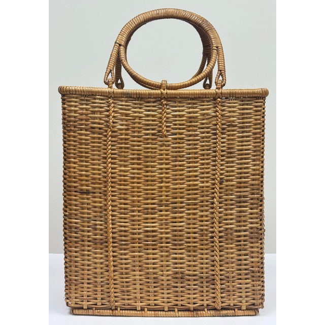 Late 20th Century Vintage Tall Woven Wicker Basket With Round Handles For Sale - Image 5 of 7