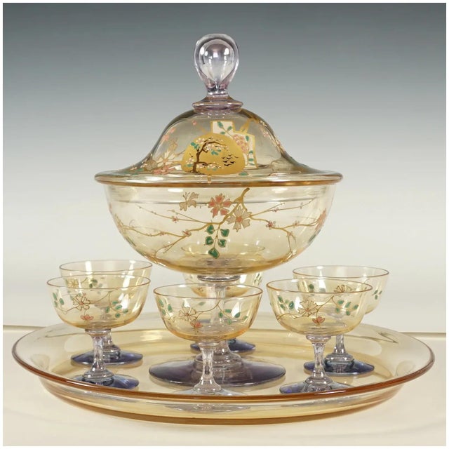 Stunning antique French Eugene Rousseau (1827-1890) for Baccarat enameled glass 8pc serving set for fruit, dessert or...