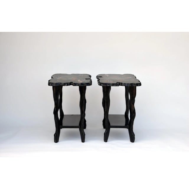Pair of black lacquer ebonized and inlaid wood organic end tables. Also great as nightstands.