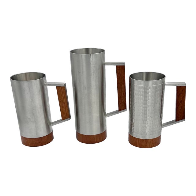 1960s Danish Modern Tiki Era Royal Selangor Pewter & Teak Mug Tankard Steins - Set of 3 For Sale