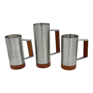 1960s Danish Modern Tiki Era Royal Selangor Pewter & Teak Mug Tankard Steins - Set of 3