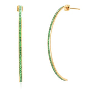 14 Karat Yellow Gold Hoop Earrings 2.20 Inches Long Matched Green Tsavorites - 2 Pieces For Sale
