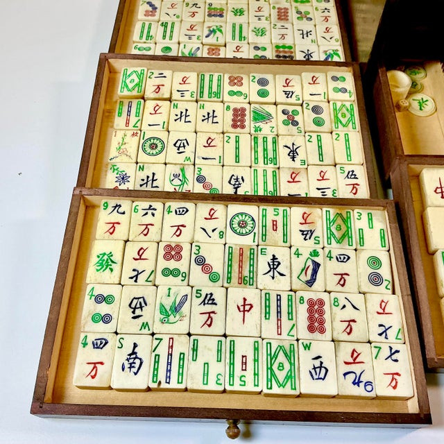 Wood Late 19th C. Antique Chinese Boho Chic Chinoiserie Mahjong Game Set, Walnut & Brass Box For Sale - Image 7 of 18