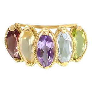 Garnet, Citrine, Amethyst, Aquamarine & Peridot Ring 14k Yellow Gold, Size 5 For Sale