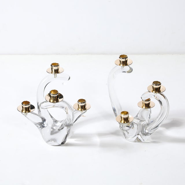 Mid-Century Modern Pair of Mid-Century Amorphic Crystal & Brass 4 Arm Candelabras Signed Schneider For Sale - Image 3 of 15