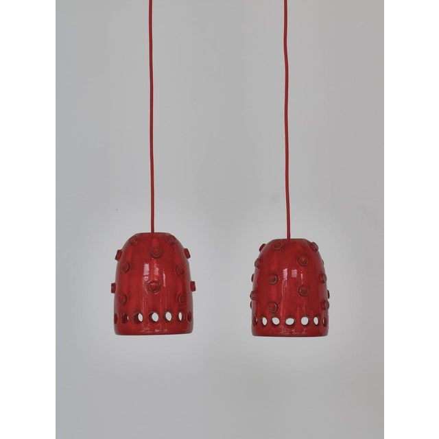 Danish Modern Red Ceramics Pendants attributed to Jette Hellerøe for Axella Studio, 1970s, Set of 2 For Sale - Image 4 of 15