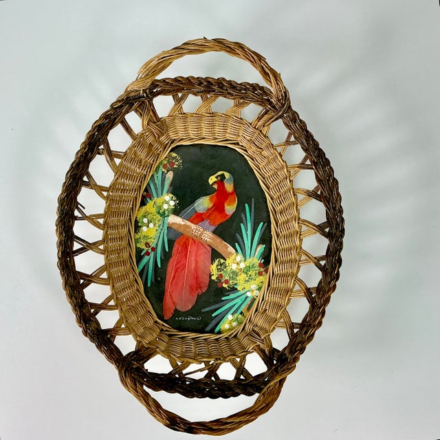 1950s Vintage Mexican Folk Art Original Feather Mixed Media Acrylic Bird Painting With Basket Frame For Sale - Image 4 of 14