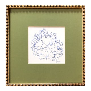 Original Vintage Wayne Cunningham Abstract Blue Portrait Ink Drawing Vintage Frame For Sale