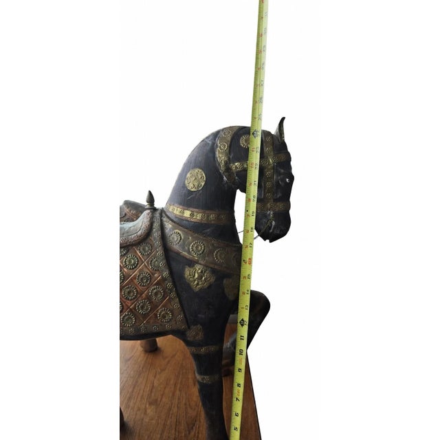 Pair of Antique Hand Carved Marwari War Horse Sculptures Pair Indian Wood Brass Copper For Sale - Image 13 of 14
