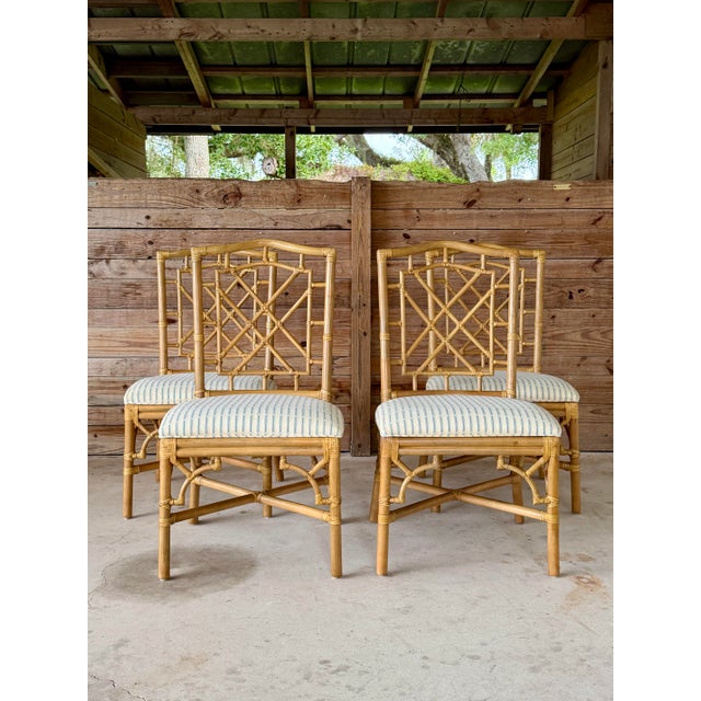 Set of Four Vintage Lexington Chinese Chippendale Rattan & Faux Bamboo Dining Chairs For Sale - Image 12 of 12