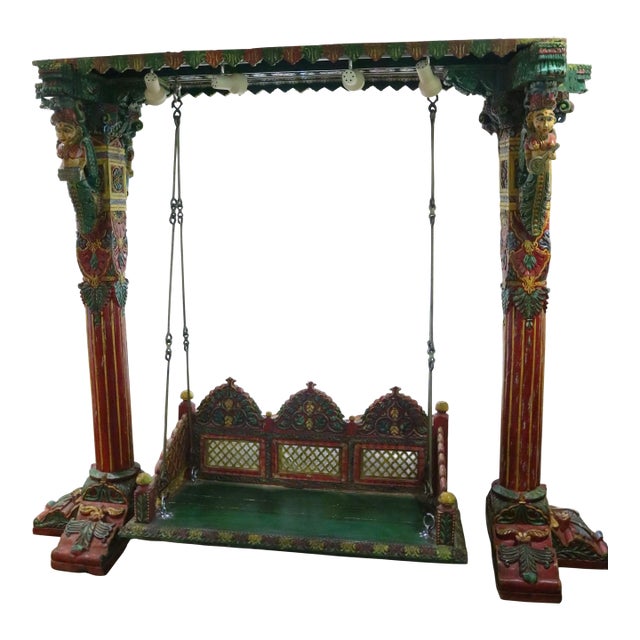 Monumental Hand Carved Indian Polychrome Jhula (Swing) For Sale