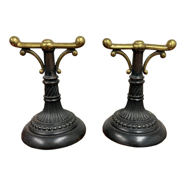 Antique Heavy Casted Iron + Brass Fire Dogs, Pair For Sale