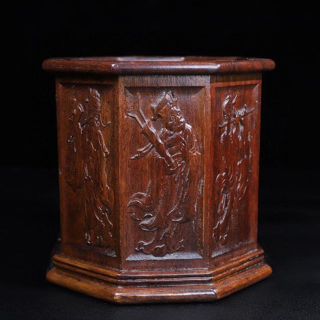 Vintage Chinese Huali Rosewood Brush Pot | Octagonal Carved Eight Immortals Motif For Sale - Image 9 of 10