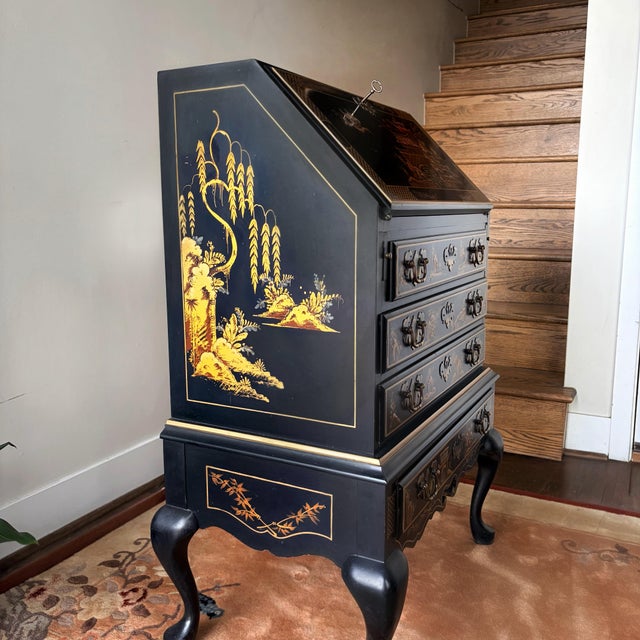 Vintage Maddox Chinoiserie Black Lacquer Secretary Desk For Sale - Image 9 of 12