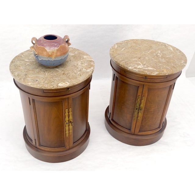 Pair of Round Cylinder Shape Two Doors End Lamp Tables Stands Pull Out Trays For Sale - Image 17 of 18