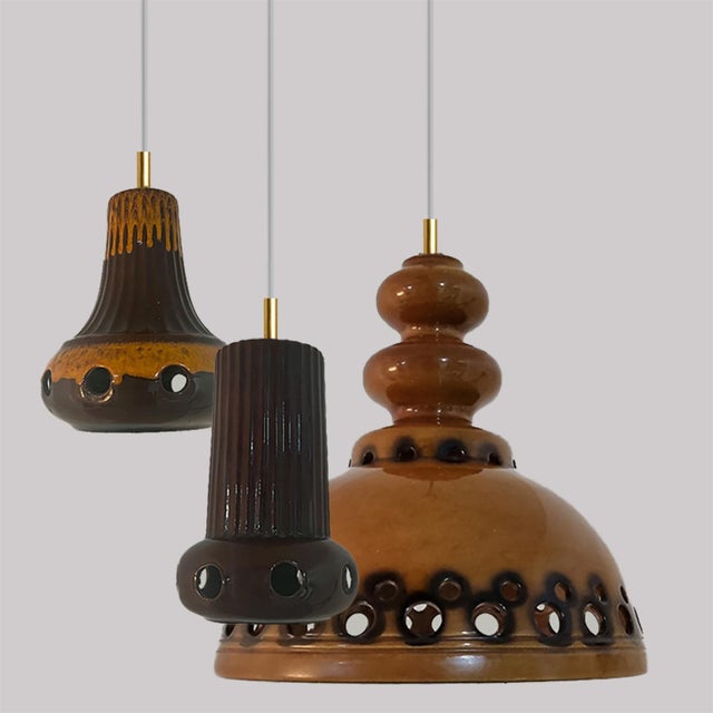 Brown Glazed Ceramic Pendant Lights, Germany, 1970s, Set of 3 For Sale - Image 4 of 15
