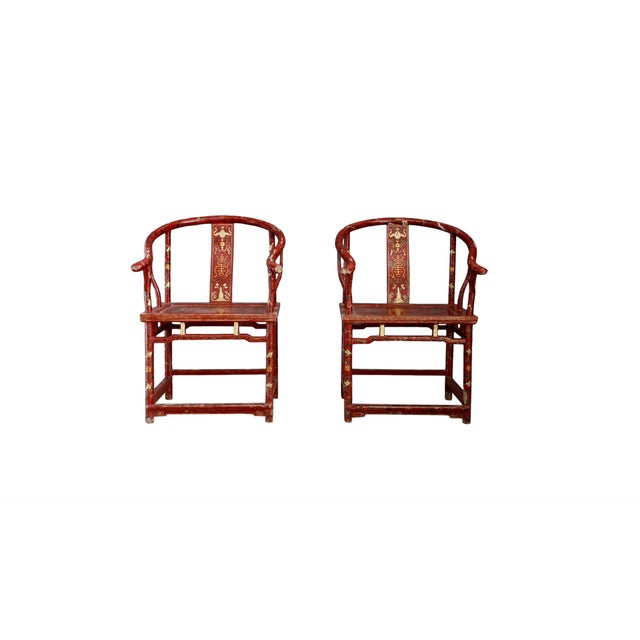 Set of Antique Red and Gold Lacquered Wood Lounge Chairs For Sale - Image 6 of 6