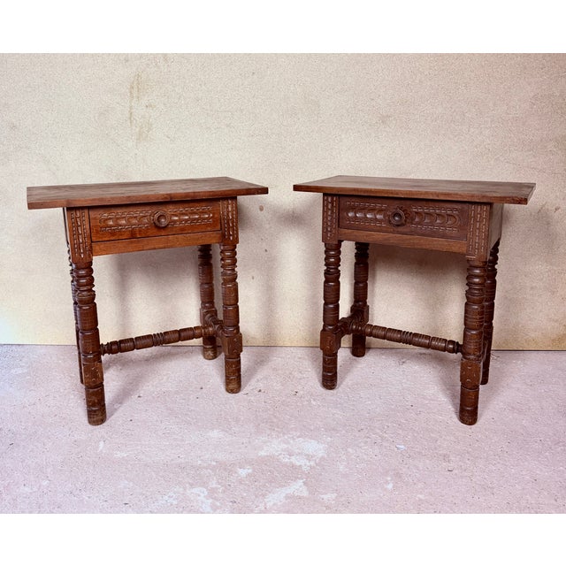 Brown Spanish Carved Nightstands with Turned Legs, 1950, Set of 2 For Sale - Image 8 of 16