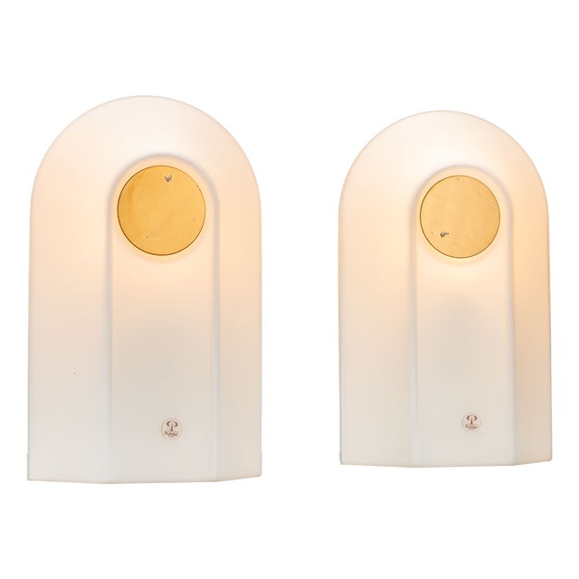 White Opal Glass Table Lamps with Brass Detail from Peill & Putzler, 1970s, Set of 2 For Sale