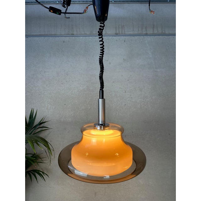 Vintage acrylic pendant lamp. Height adjustable. 2-layer: white acrylic glass and smoked acrylic. Pleasant light....