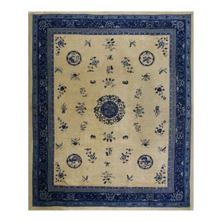 Classic Beige Greek Key Medallion Antique Wool Chinese Peking Ivory 1920s Rug For Sale