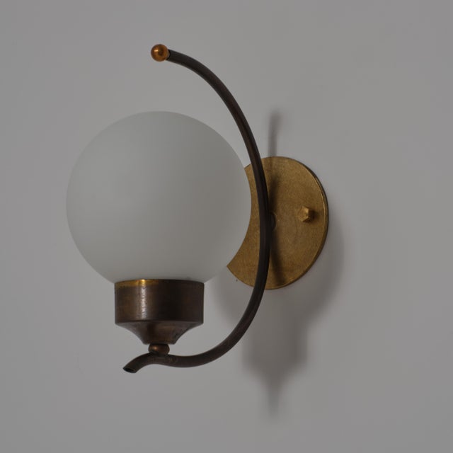 Mid-Century Modern Italian Brass and Opaline Glass Wall Sconces, 1950s, Set of 2 For Sale - Image 3 of 9
