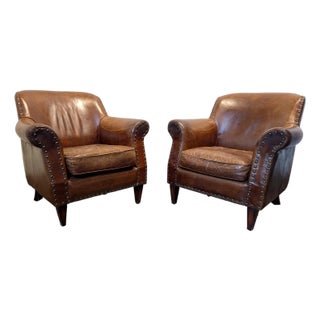 Contemporary Deco Style Patinated Brown Leather Club Chairs - A Pair For Sale