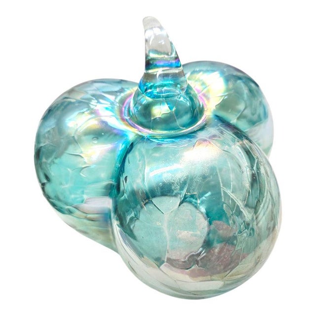 Late 20th Century Iridescent Aqua Blue & White Swirled Art Glass Pumpkin Sculpture For Sale - Image 5 of 10