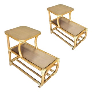 Restored Rattan Side Table 2-Tier W/ Formica Top - Set of 2 For Sale