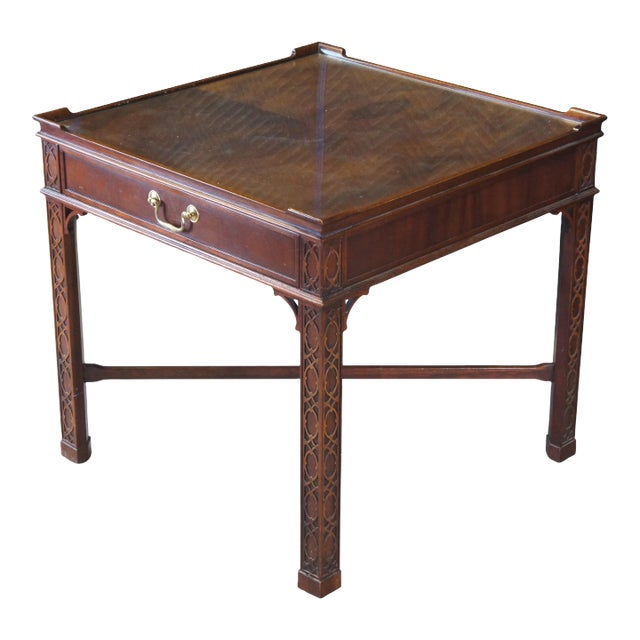 Late 20th Century Vintage Baker Chinese Chippendale Mahogany Carved Square End Table with Glass Top For Sale