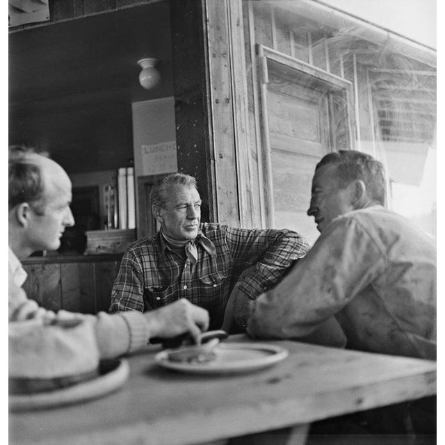 Gary Cooper American actor Gary Cooper (1901 - 1961, centre) at a cafe near his home in Aspen, Colorado, circa 1952....
