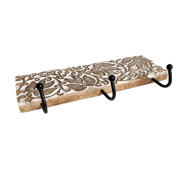Rustic White Washed Carved Mango Wood 3 Hook Wall Rack For Sale - Image 3 of 4