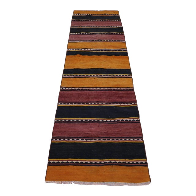 1980s Farmhouse Black Striped Runner Kilim For Sale