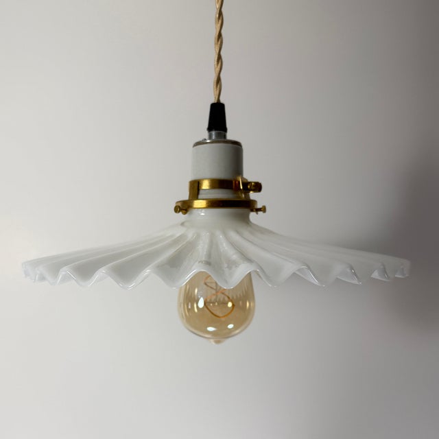 French Country Antique White Opaline Glass “Frill” Pendant Light, 1930s For Sale - Image 3 of 7