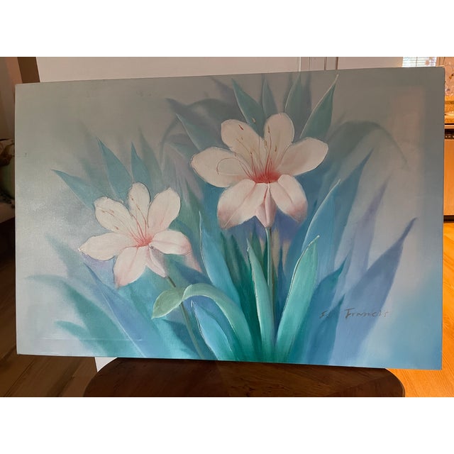 Large 36” by 24” oil on canvas floral painting - white flowers on a blue background painting. Signed lower left R Francis,...