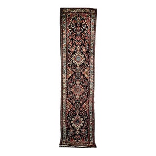 Vintage Persian Bakhtiari Tribal Runner, Hand-Knotted Wool, Floral Bouquets & Medallions, Navy & Ivory, 3x12 For Sale