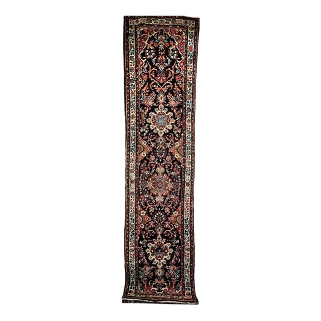 Vintage Persian Bakhtiari Tribal Runner, Hand-Knotted Wool, Floral Bouquets & Medallions, Navy & Ivory, 3x12 For Sale