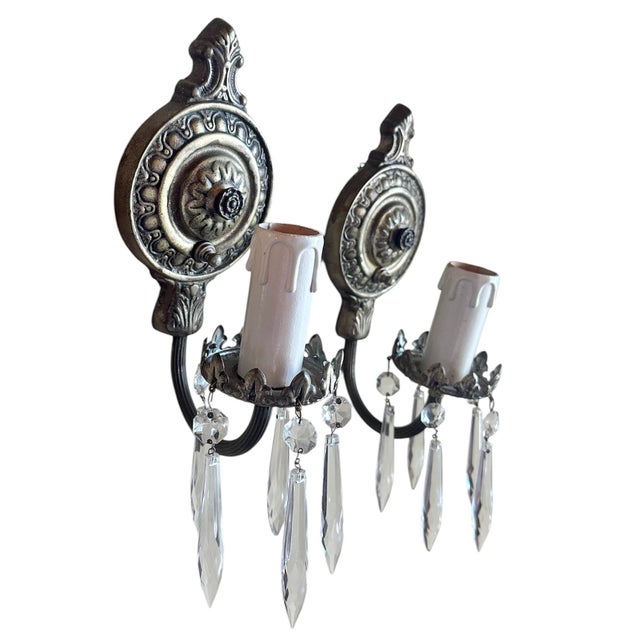 1910s Brass With Original Silverplate Sconces With Crystal Drops For Sale In Los Angeles - Image 6 of 8